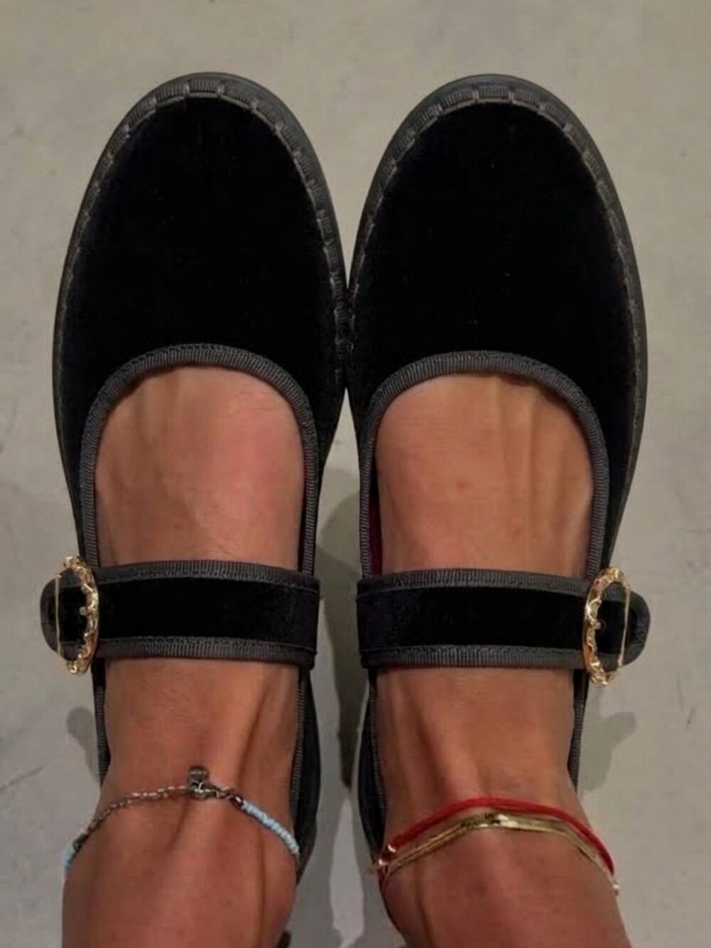 Velvet Double-Strap Mary JaneFlats | Black Accent Buckle Shoe
